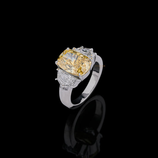 Fancy Vivid Yellow Cushion Moissanite Diamond With Cadillac Sidestone Ring - View 2