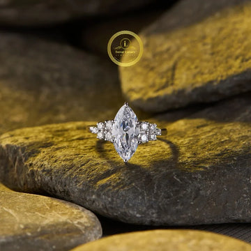 Marquise Cut Lab Diamond Ring with Cluster Side Stones