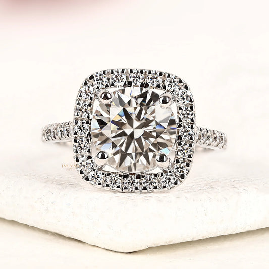 Round Cut Moissanite Diamond Cushion Halo Engagement Ring