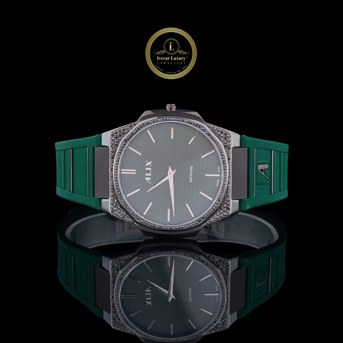 Rose Gold Diamond Bezel Green Strep Watch
