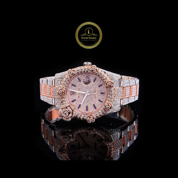 Luxury Rose Gold Iced-Out Lab Grown Diamond Watch with Custom Floral Bezel Design By Ivevar