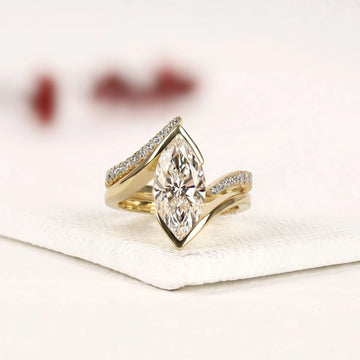 Marquise Cut Moissanite Bypass Bridal Set with Curved Pave Band