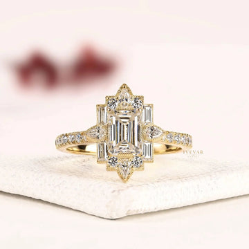 Emerald Cut Halo Baguette Lab Diamond Engagement Ring