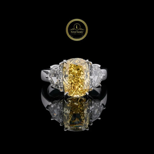 Yellow Cushion Cut Lab Grown Diamond Ring with Side Stone