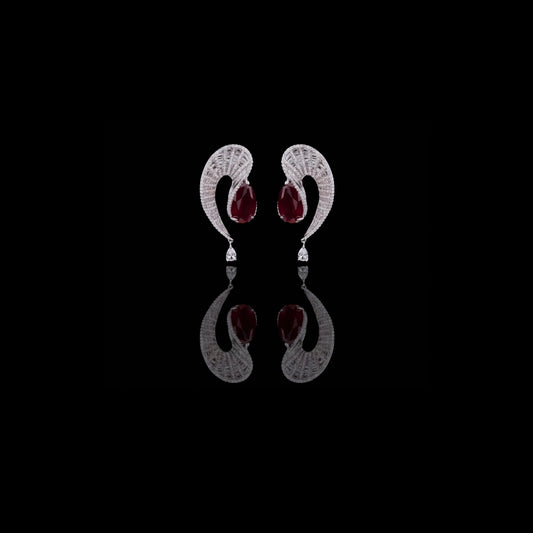 Swirl Red Gemstone Pear Drop Earrings with Pavé Moissanite Diamond Accents