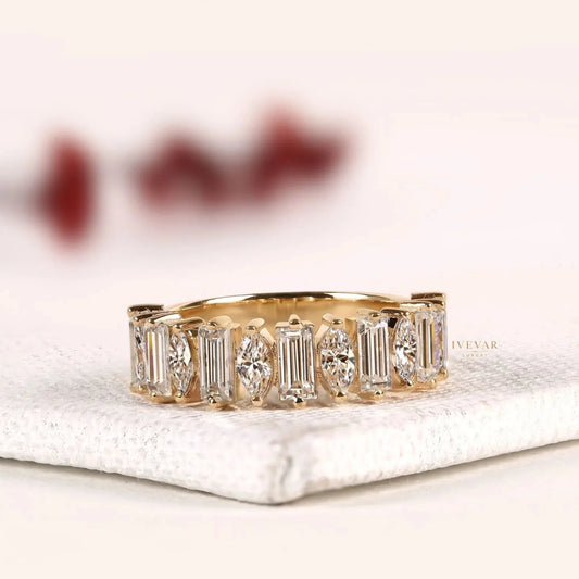 Baguette & Marquise Cut Moissanite Alternating Eternity Wedding Band