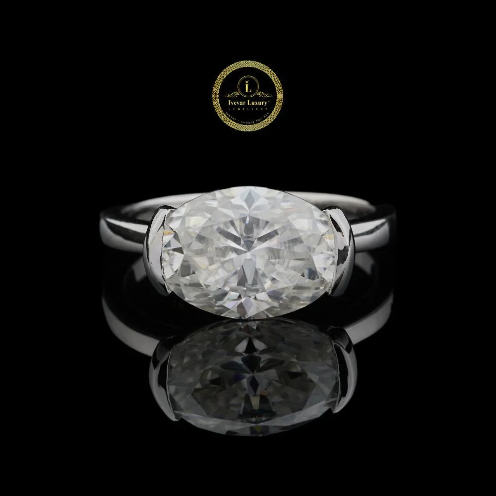 Modern East West Oval Moissanite Diamond Semi Bezel Ring