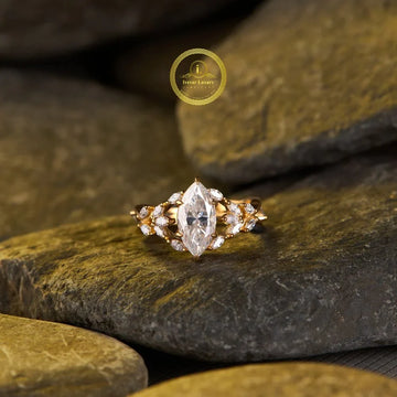 Marquise Cut Moissanite Diamond Ring with Cluster Side Stones
