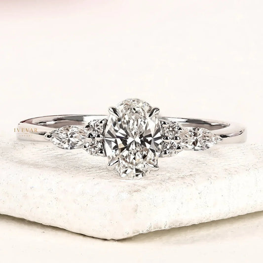Oval Cut Moissanite Diamond With Marquise Side Stones