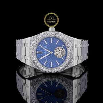 Custom Diamond-Encrusted Tourbillon Watch with Ice Blue Patterned Dial