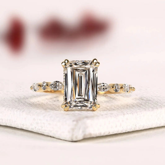 Emerald Cut Pear & Round Accent Lab Diamond Engagement Ring