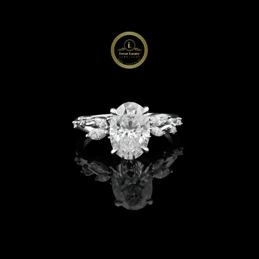Oval Cut Moissanite Diamond Engagement Ring With Marquise Cluster Side Stones
