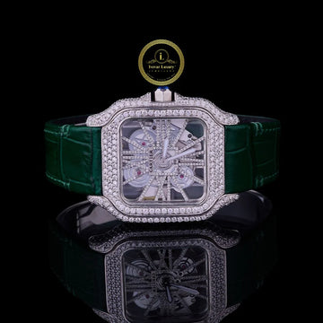 A Brilliant Diamond-Encrusted Skeleton Watch Paired with a Rich Green Leather Strap.