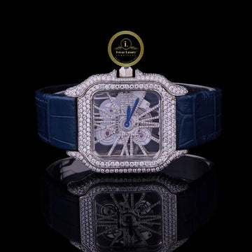 A Brilliant Diamond-Set Skeleton Watch Paired with a Navy Blue Leather Strap.