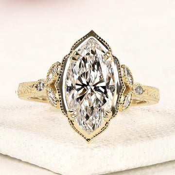Marquise Cut Moissanite Diamond Ring with Milgrain Band