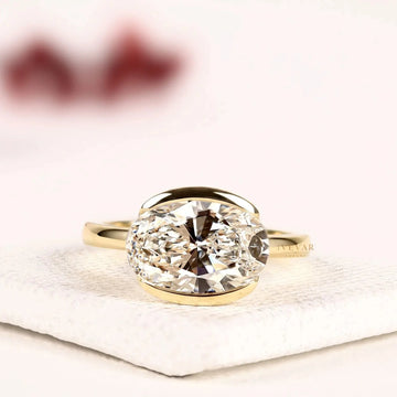 Hidden Halo Half Bezel Oval Cut Moissanite Diamond Engagement Ring