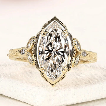 Marquise Cut Lab Diamond Ring with Milgrain Band