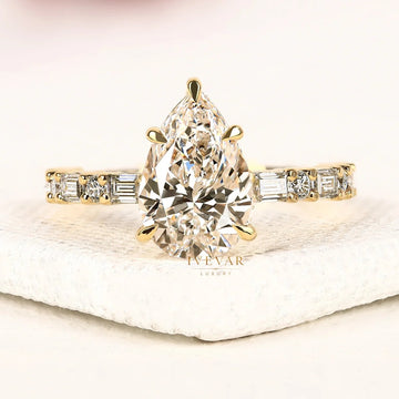 Pear Cut Lab Diamond Engagement Ring with Baguette Accent Band