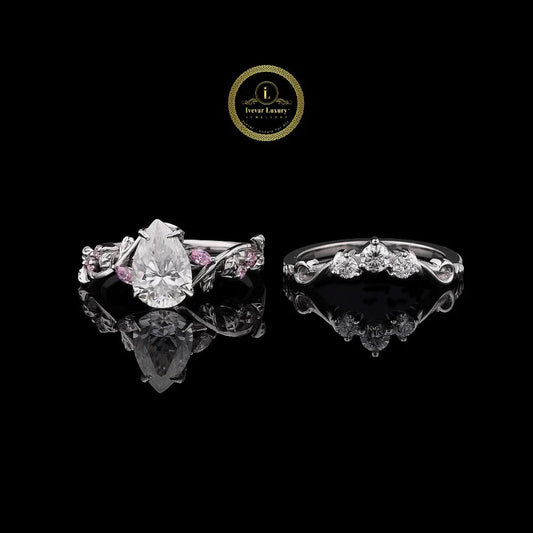 Pear Cut Floral Vine Moissanite Diamond Engagement Ring Set