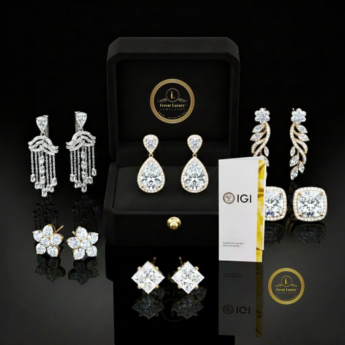 Double Circle Lab Diamond Round Stud Earrings with Pavé Chain Detail - View 8