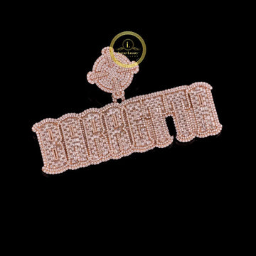 Custom Iced Out Rose Gold Barrgtta Nameplate Pendant Featuring Baguette and Round Cut Simulated Lab Diamonds By Ivevar