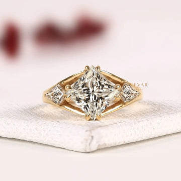 Kite Set Princess Cut Lab Diamond Three Stone Engagement Ring