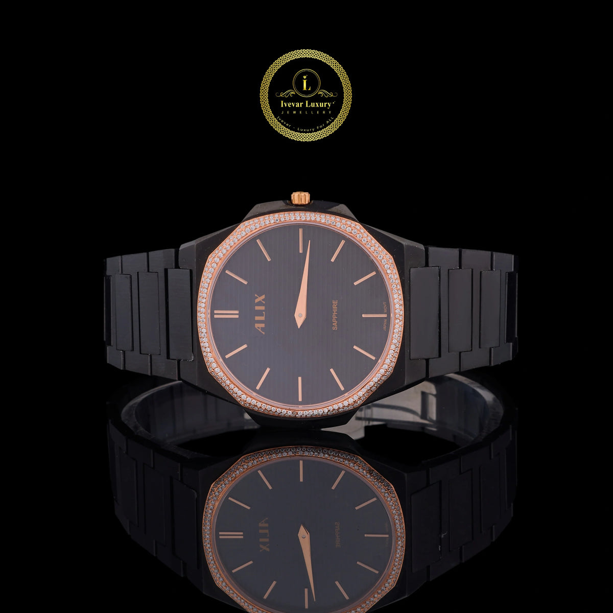 Black & Rose Gold Diamond Bezel Men's Watch
