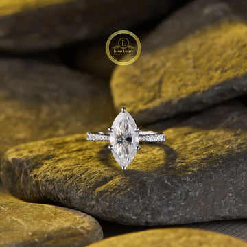 Marquise Cut Moissanite Diamond Engagement Ring With Pave Band