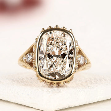 Cushion Cut Lab Diamond Bezel Halo Ring with Marquise Side Stones