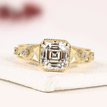 Vintage Asscher Cut Milgrain Engraved Lab Diamond Ring