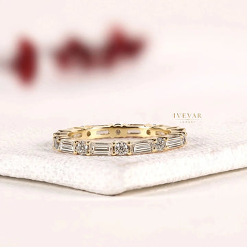 Baguette and round Alternative Moissanite Diamond Stacking Band