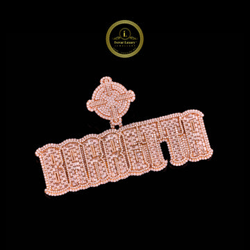 Custom Iced Out Rose Gold Barrgtta Nameplate Pendant Featuring Baguette and Round Cut Simulated Lab Diamonds By Ivevar