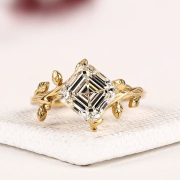 Asscher Cut Lab Diamond Ring with Nature Inspired Leaf Band