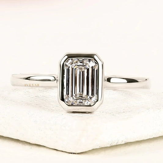 Emerald Cut Moissanite Diamond Bezel Solitaire Engagement Ring