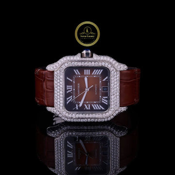 Elegant Diamond-Set Watch with a Rich Brown Dial and Leather Strap.
