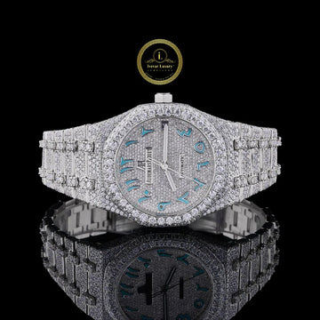 Custom Fully Iced-Out Diamond Watch with Light Blue Arabic Numerals