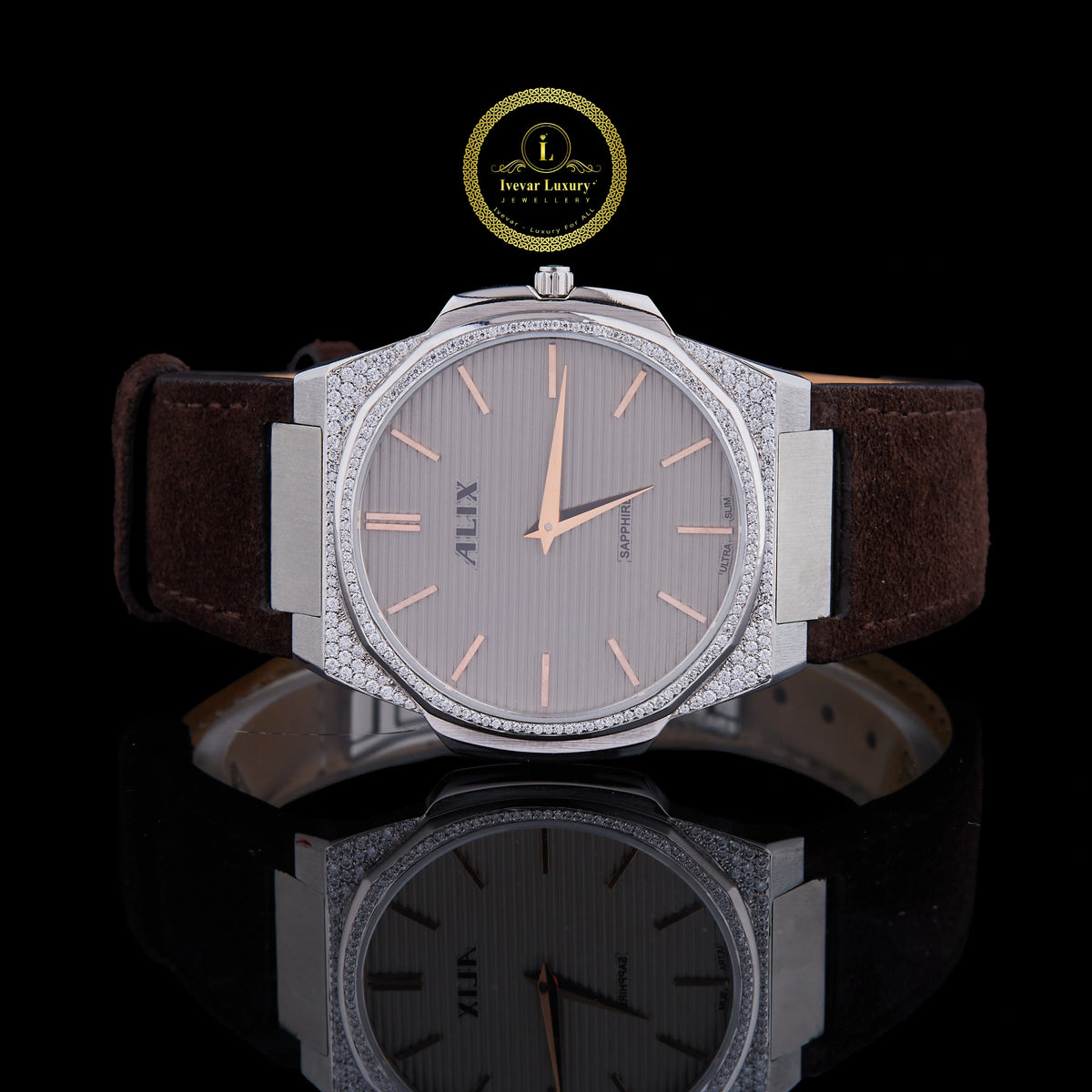 Luxury Silver Crystal Bezel Diamond Brown Strap Watch