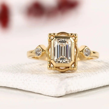 Bezel Setting Emerald Cut with Side Lab Diamond Engagement Ring