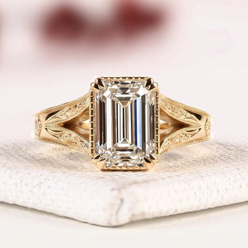 Emerald Cut Vintage Engraved Moissanite Diamond Ring