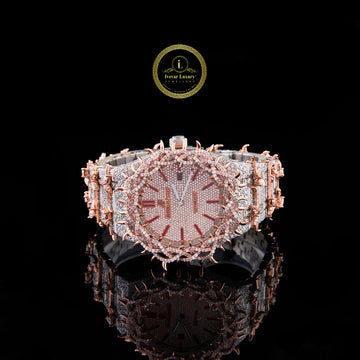 Fully Iced-Out Diamond Skeleton Luxury Watch with Rose Gold Accents – Bold Statement Timepiece for Men