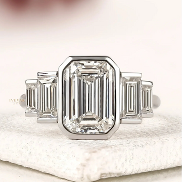 Emerald Cut Bezel Five Stone Baguette Moissanite Diamond Ring