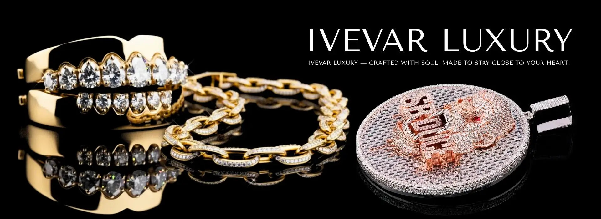 Luxury jewelry including rings and a bracelet with 'IVEVAR LUXURY' branding on a black background.