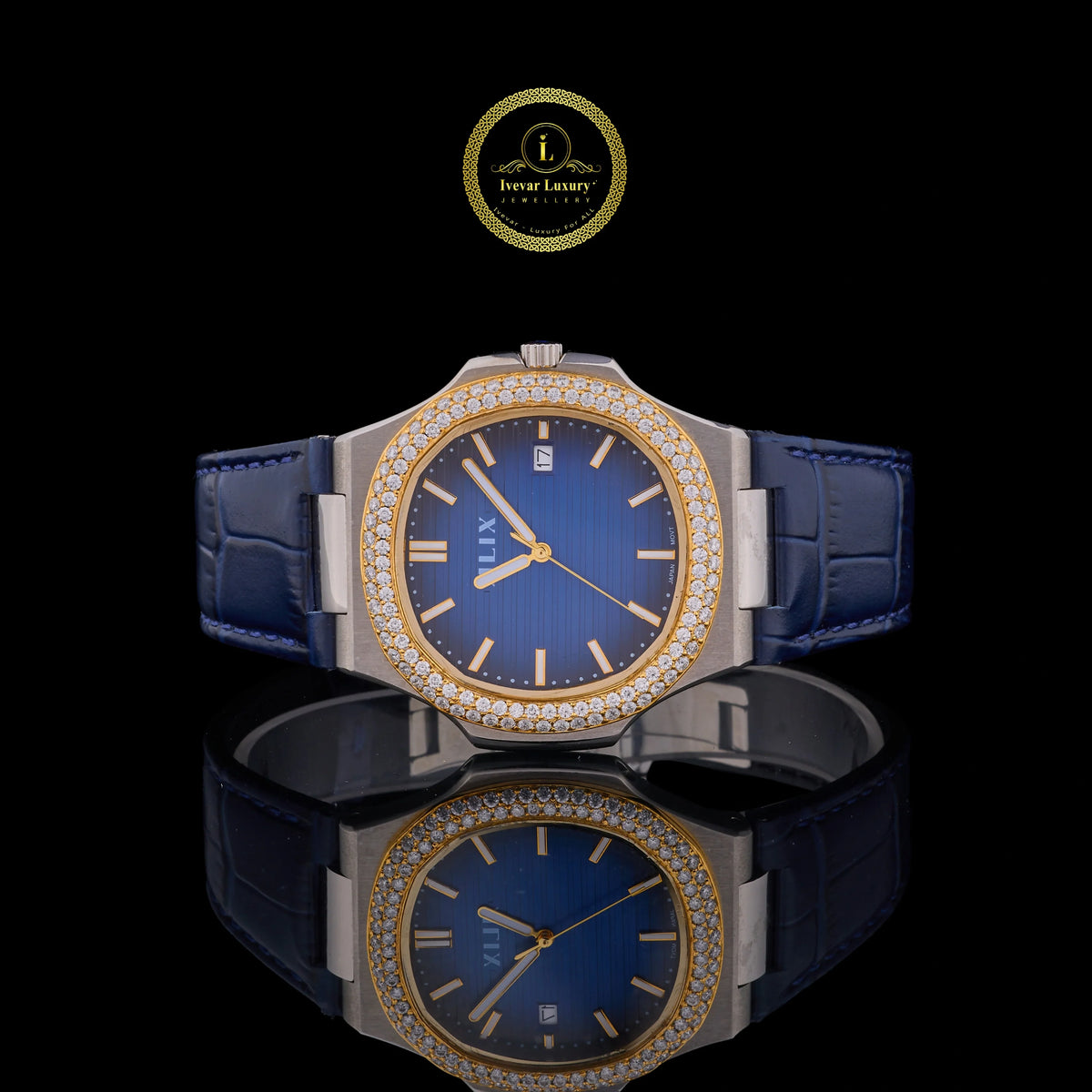 Blue Dial Diamond Bezel Watch with Leather Strap