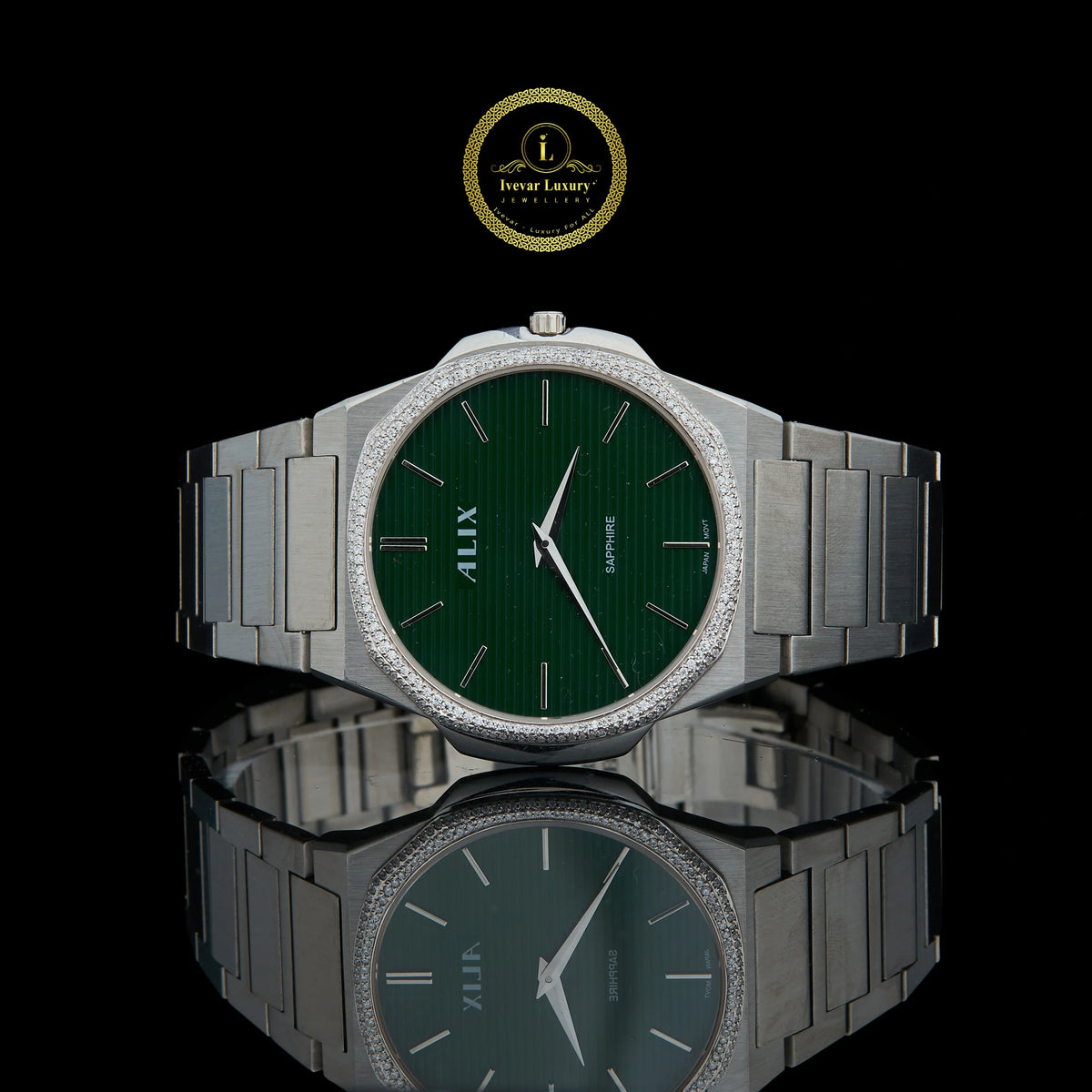 Men's Silver Stainless Steel Watch with Green Dial and Diamond Bezel