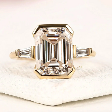 Emerald Cut Moissanite Half Bezel Set Three Stone Engagement Ring