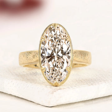 Vintage Oval Cut Moissanite Solitaire Diamond Ring with Engraved Band