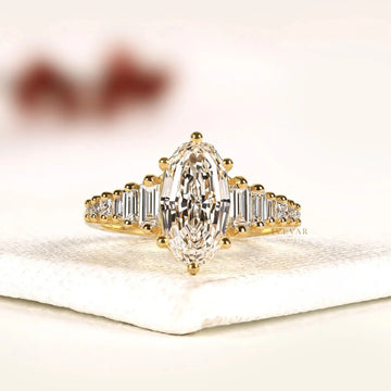 Rose Marquise Cut Baguette Side Stone Lab Diamond Engagement Ring