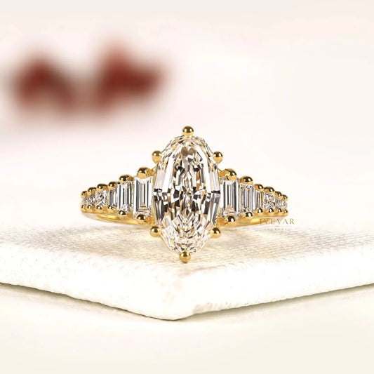 Rose Marquise Cut Baguette Side Stone Lab Diamond Engagement Ring