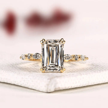Emerald Cut Pear & Round Accent Moissanite Diamond Engagement Ring