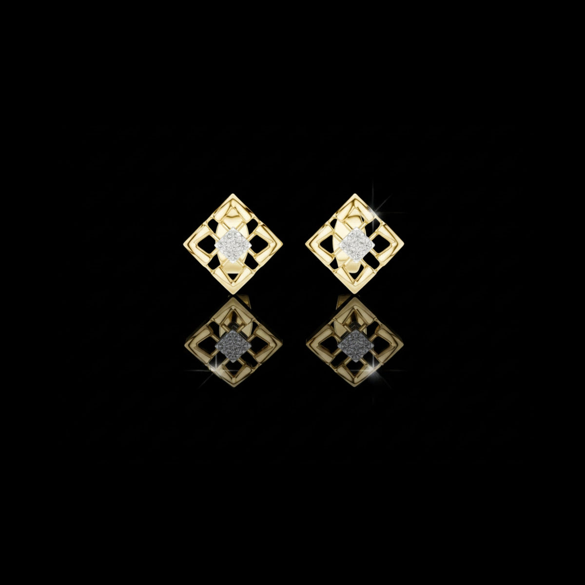 Architectural Geometric Moissanite Round Diamond Frame Stud Earrings with Floating Accents